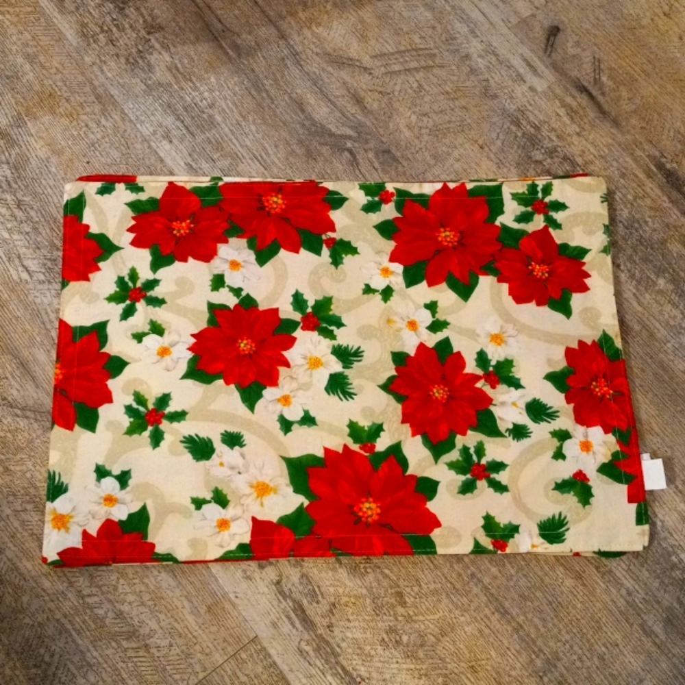 Set of three poinsettia print cotton placemats new
